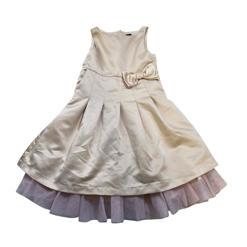 Baby Gap satin fit and flare pleated dress with tule and bow tan toddler 4